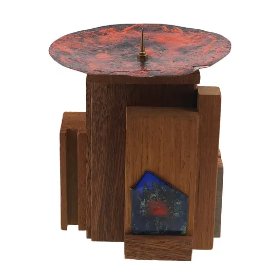 Decoratiune abstracta vintage suport lumanare din lemn si alama, 14cm, imagine 2