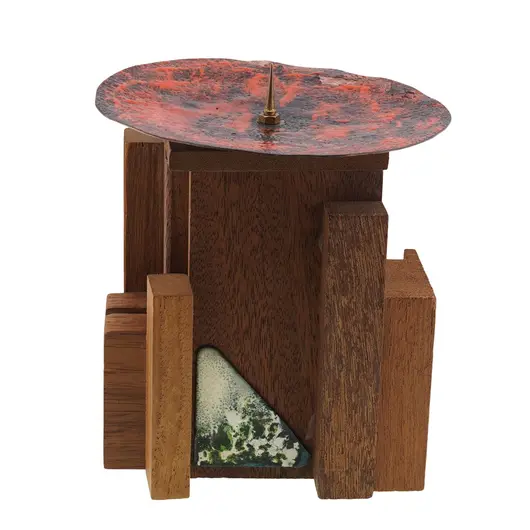 Decoratiune abstracta vintage suport lumanare din lemn si alama, 14cm