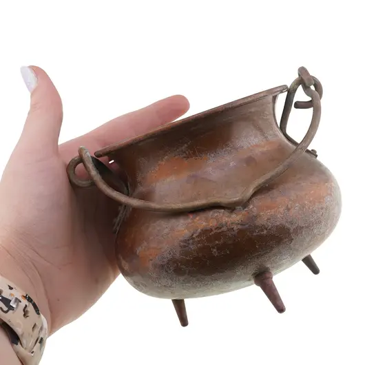 Decoratiune vintage cazan tripied din cupru cu toarte, 9cm, imagine 3