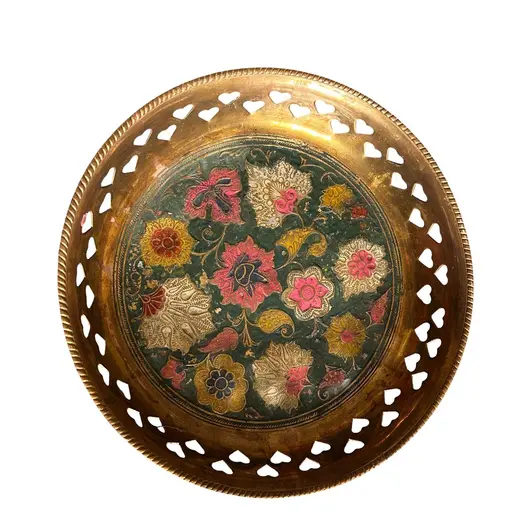 Decoratiune vintage din alama fructiera cu flori gravate pe fundal verde - 12,5cm, imagine 2