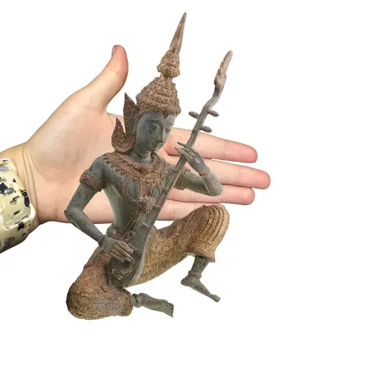 Decoratiune vintage din bronz Phra Aphai Mani eroul cu flaut magic, 21cm, imagine 3
