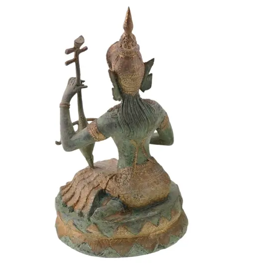 Decoratiune vintage din bronz zeita Saraswati cantand la veena, 20cm, imagine 2