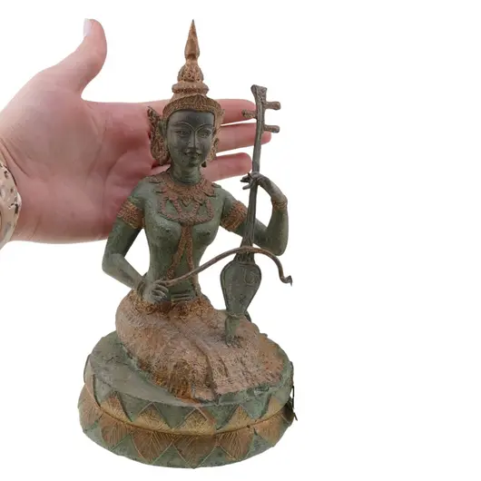 Decoratiune vintage din bronz zeita Saraswati cantand la veena, 20cm, imagine 3