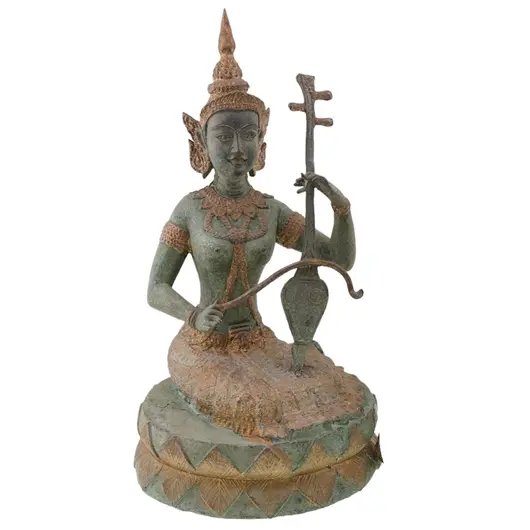Decoratiune vintage din bronz zeita Saraswati cantand la veena, 20cm