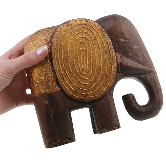 Figurina vintage elefant din lemn sculptat manual, 15cm, imagine 3