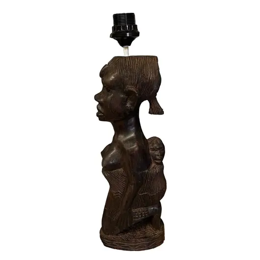 Lampa vintage din lemn sculptata manual femeie africana cu copil, 46cm, imagine 2