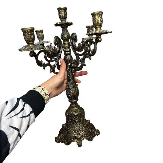 Sfesnic vintage din alama cu cinci brate model baroc, 42cm, imagine 3