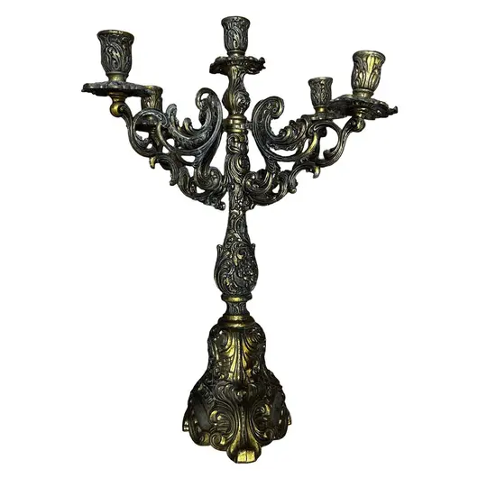 Sfesnic vintage din alama cu cinci brate model baroc, 42cm