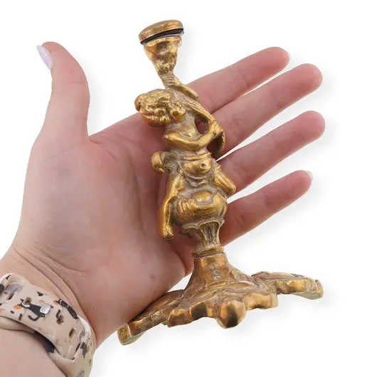 Sfesnic vintage din alama cu inger decorativ, 12cm, imagine 3
