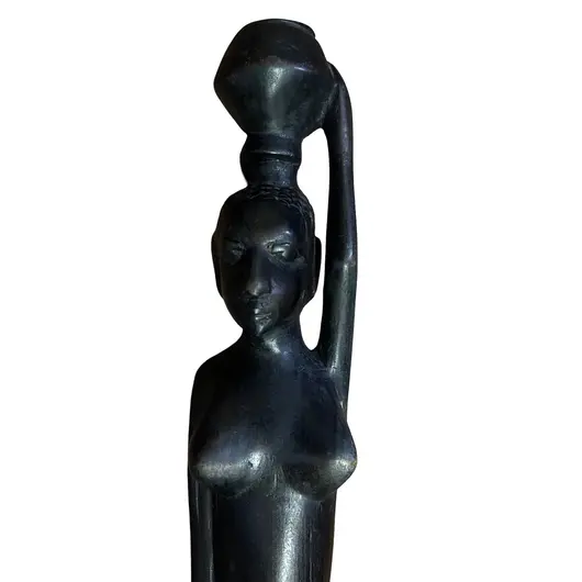 Statueta vintage femeie africana din lemn, cu vas pe cap - 63cm, imagine 2