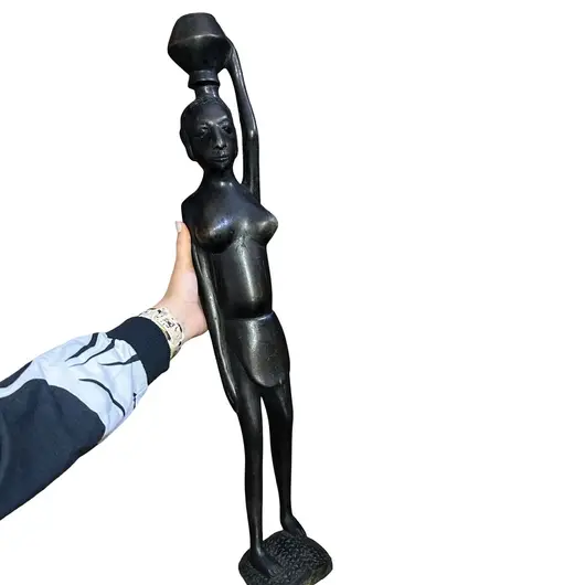 Statueta vintage femeie africana din lemn, cu vas pe cap - 63cm, imagine 3