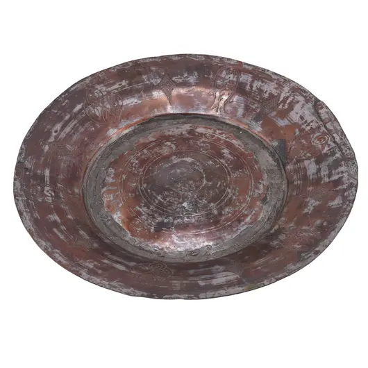 Tava rustica vintage metalica cu simboluri gravate, 30cm