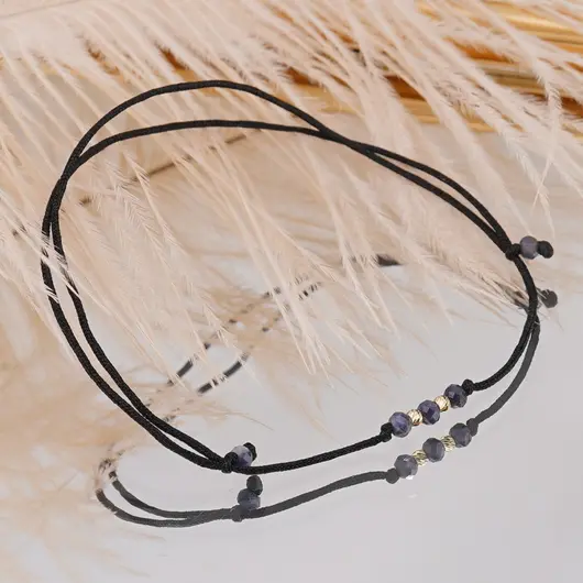 Bratara reglabila pe snur negru cu Safir discuri fatetate 3mm si doi bumbi de aur, imagine 3