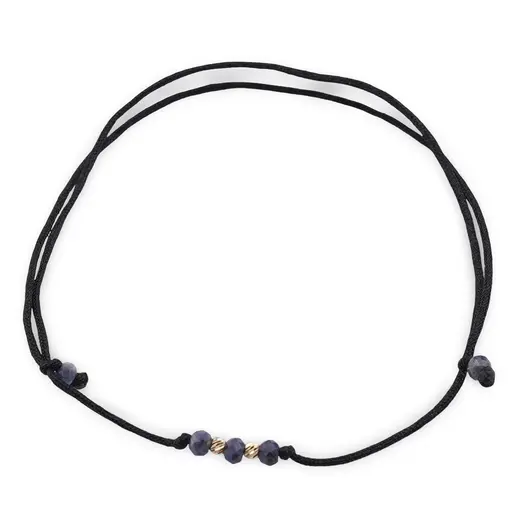 Bratara reglabila pe snur negru cu Safir discuri fatetate 3mm si doi bumbi de aur