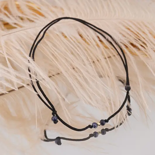 Bratara reglabila pe snur negru cu Safir discuri fatetate 3mm si un bumb de aur, imagine 3