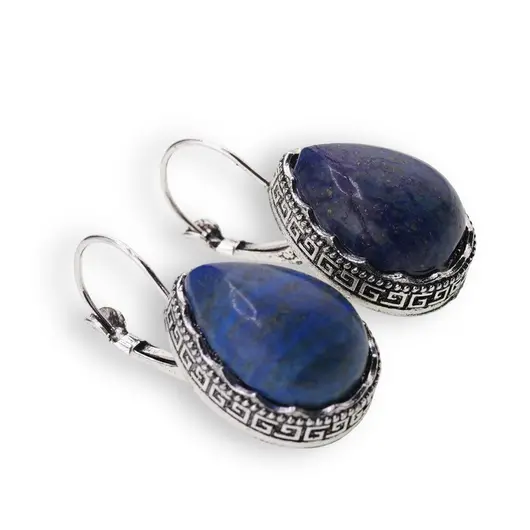 Cercei cu agatatoare model lacrima cu montura argintie, Lapis Lazuli - 20mm, imagine 2