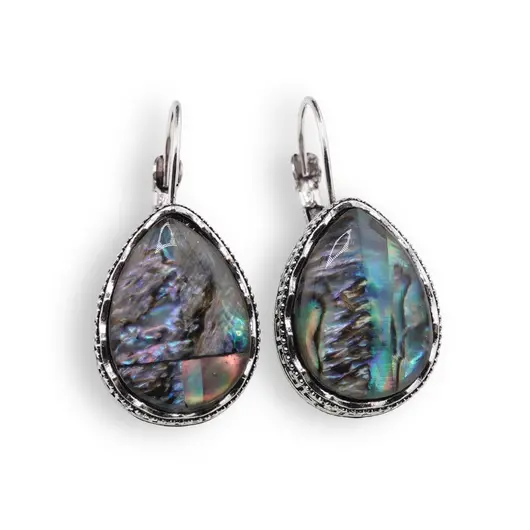 Cercei cu agatatoare model lacrima cu montura argintie, Scoica abalone - 20mm