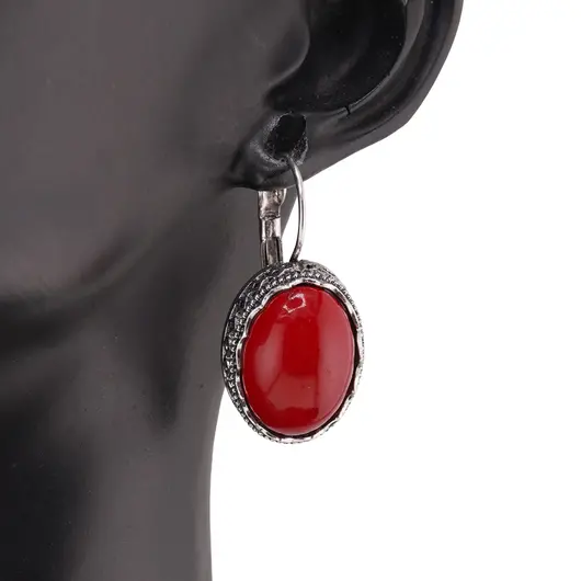 Cercei cu agatatoare model oval cu montura argintie, Coral rosu - 20mm, imagine 3
