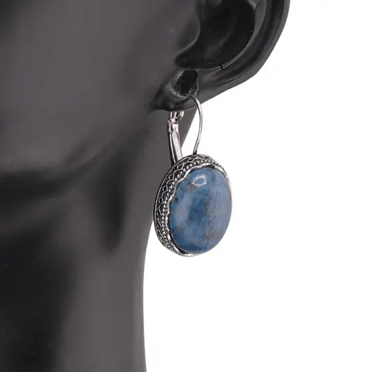 Cercei cu agatatoare model oval cu montura argintie, Lapis Lazuli - 20mm, imagine 3