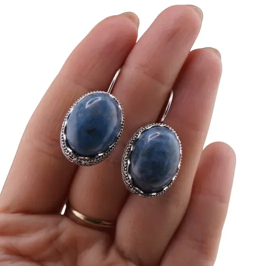 Cercei cu agatatoare model oval cu montura argintie, Lapis Lazuli - 20mm, imagine 4