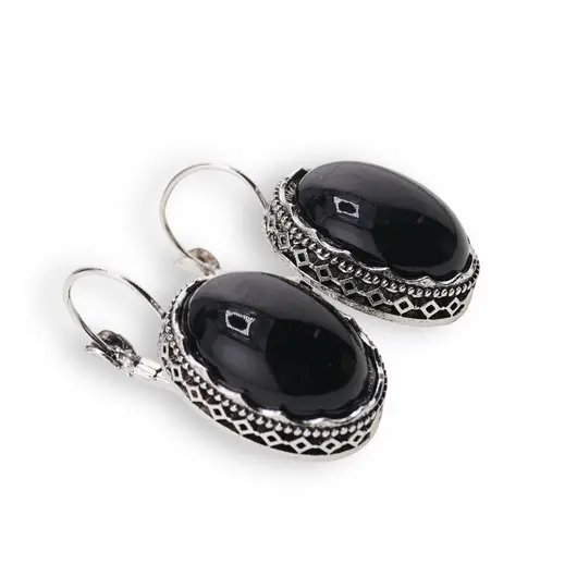Cercei cu agatatoare model oval cu montura argintie, Onix - 20mm, imagine 2