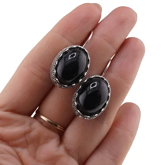 Cercei cu agatatoare model oval cu montura argintie, Onix - 20mm, imagine 4