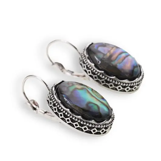 Cercei cu agatatoare model oval cu montura argintie, Scoica abalone - 20mm, imagine 2