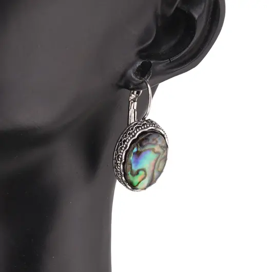 Cercei cu agatatoare model oval cu montura argintie, Scoica abalone - 20mm, imagine 3