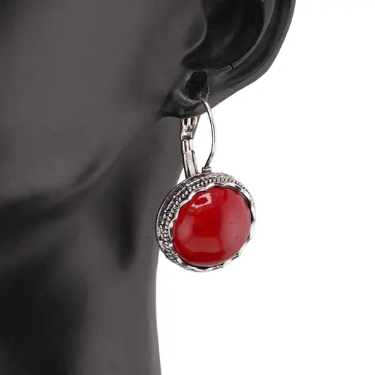 Cercei cu agatatoare model rotund cu montura argintie, Coral rosu - 20mm, imagine 3