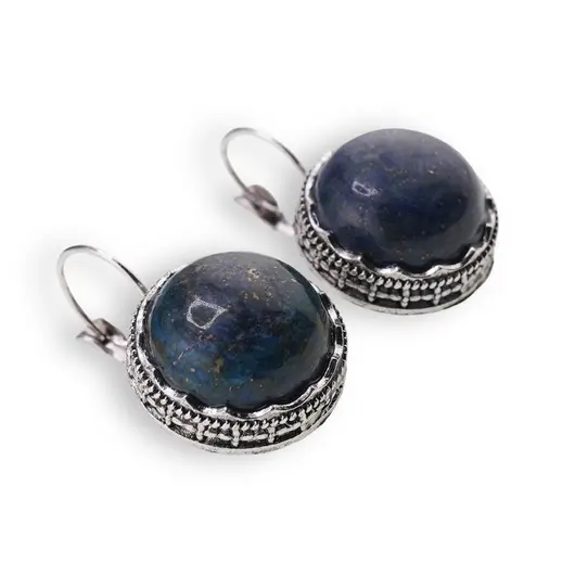 Cercei cu agatatoare model rotund cu montura argintie, Lapis Lazuli - 20mm, imagine 2
