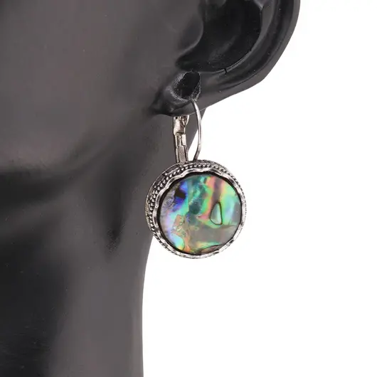 Cercei cu agatatoare model rotund cu montura argintie, Scoica Abalone - 20mm, imagine 3