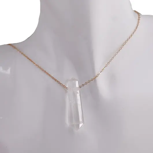Pandantiv dublu varf cu gaura orizontala si lant auriu, Cristal de stanca 40mm, imagine 4