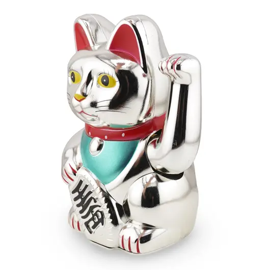 Pisica norocoasa Maneki Neko argintie pentru prosperitate si noroc, 15,5cm, imagine 2
