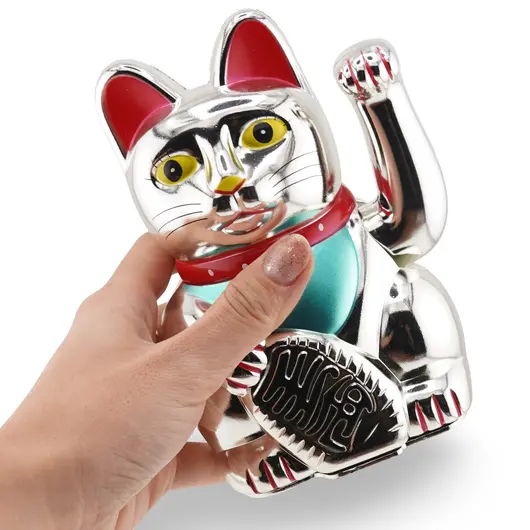 Pisica norocoasa Maneki Neko argintie pentru prosperitate si noroc, 15,5cm, imagine 3