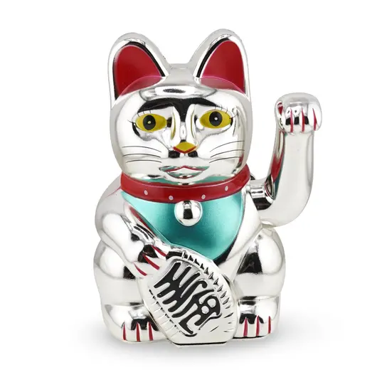 Pisica norocoasa Maneki Neko argintie pentru prosperitate si noroc, 15,5cm
