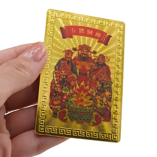 Card feng shui din metal cu Wu lou si Cai Shen, cei cinci zei ai bogatiei, imagine 3