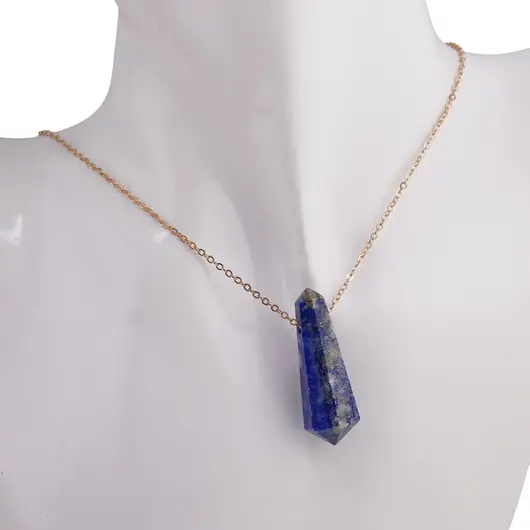 Pandantiv dublu varf cu gaura orizontala si lant auriu, Lapis lazuli 40mm, imagine 4