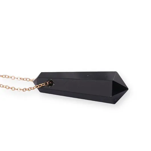 Pandantiv dublu varf cu gaura orizontala si lant auriu, Obsidian 40mm, imagine 3