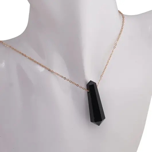 Pandantiv dublu varf cu gaura orizontala si lant auriu, Obsidian 40mm, imagine 4