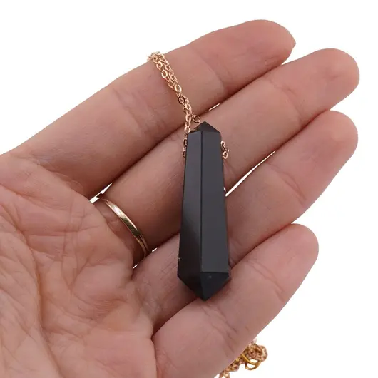 Pandantiv dublu varf cu gaura orizontala si lant auriu, Obsidian 40mm, imagine 5