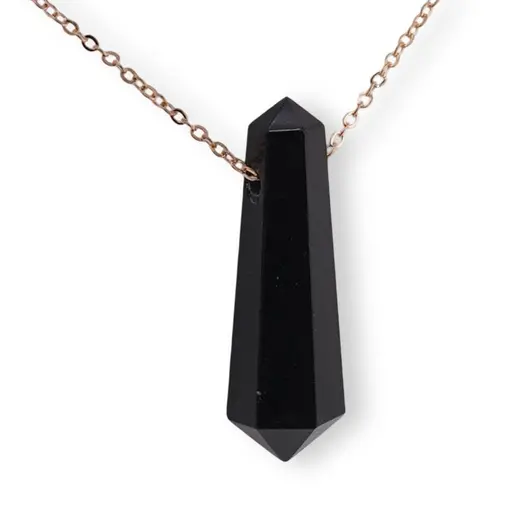 Pandantiv dublu varf cu gaura orizontala si lant auriu, Obsidian 40mm