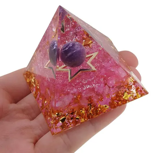 Piramida orgon Cuart roz cu steluta si sfera Ametist, 5cm, imagine 4