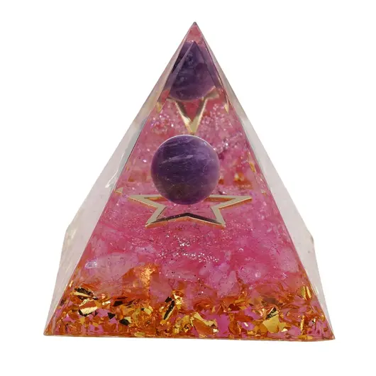 Piramida orgon Cuart roz cu steluta si sfera Ametist, 5cm