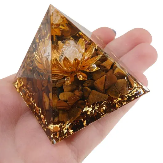 Piramida orgon Ochi de tigru cu lotus si sfera Cristal de stanca, 5cm, imagine 4