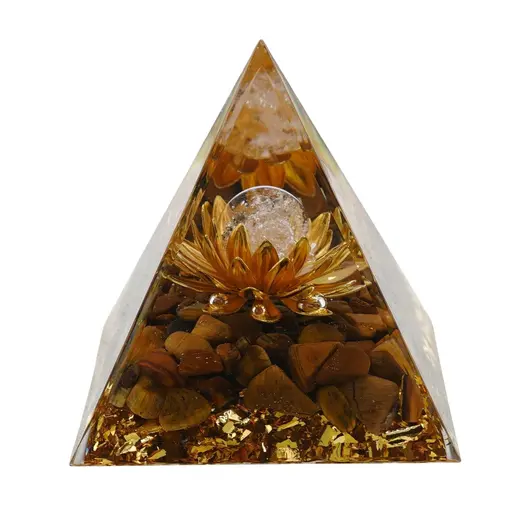 Piramida orgon Ochi de tigru cu lotus si sfera Cristal de stanca, 5cm