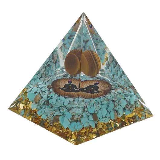 Piramida orgon Turcoaz cu simbolul celor 7 chakre in pozitia lotus si sfera Ochi de tigru, 5cm, imagine 2