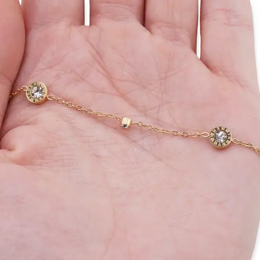 Bratara din cupru placat cu aur galben 18k, cu zirconii si cifre romane, imagine 3
