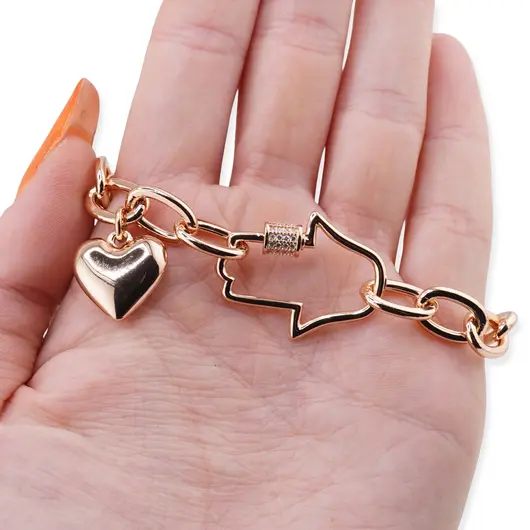 Bratara din cupru placat cu aur roz 18k, cu mana protectoare si inima, imagine 3