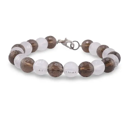 Bratara Talismanul Pacii Profunde - Cuart fumuriu si Cristal de stanca gravat cu mantra Om Mani Padme Hum, 8mm, imagine 2