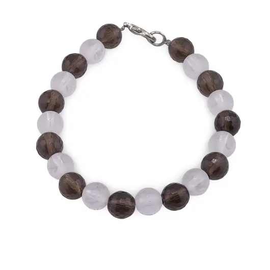Bratara Talismanul Pacii Profunde - Cuart fumuriu si Cristal de stanca gravat cu mantra Om Mani Padme Hum, 8mm
